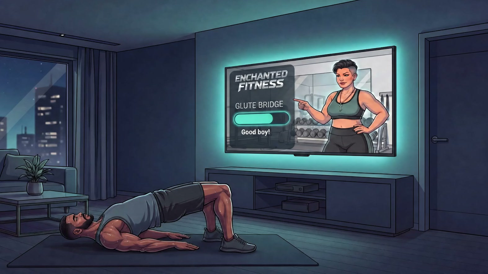 A man doing glute bridges on a mat in his living room while The Enchantrix coaches from the wall TV