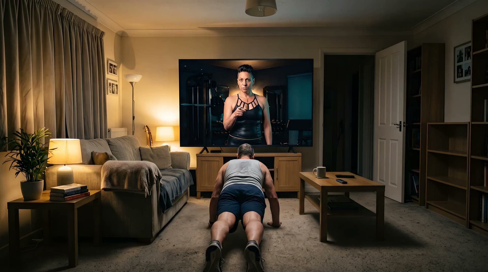 A photoreal scene of a man holding a press-up on his living-room carpet while The Enchantrix points straight at him from the television