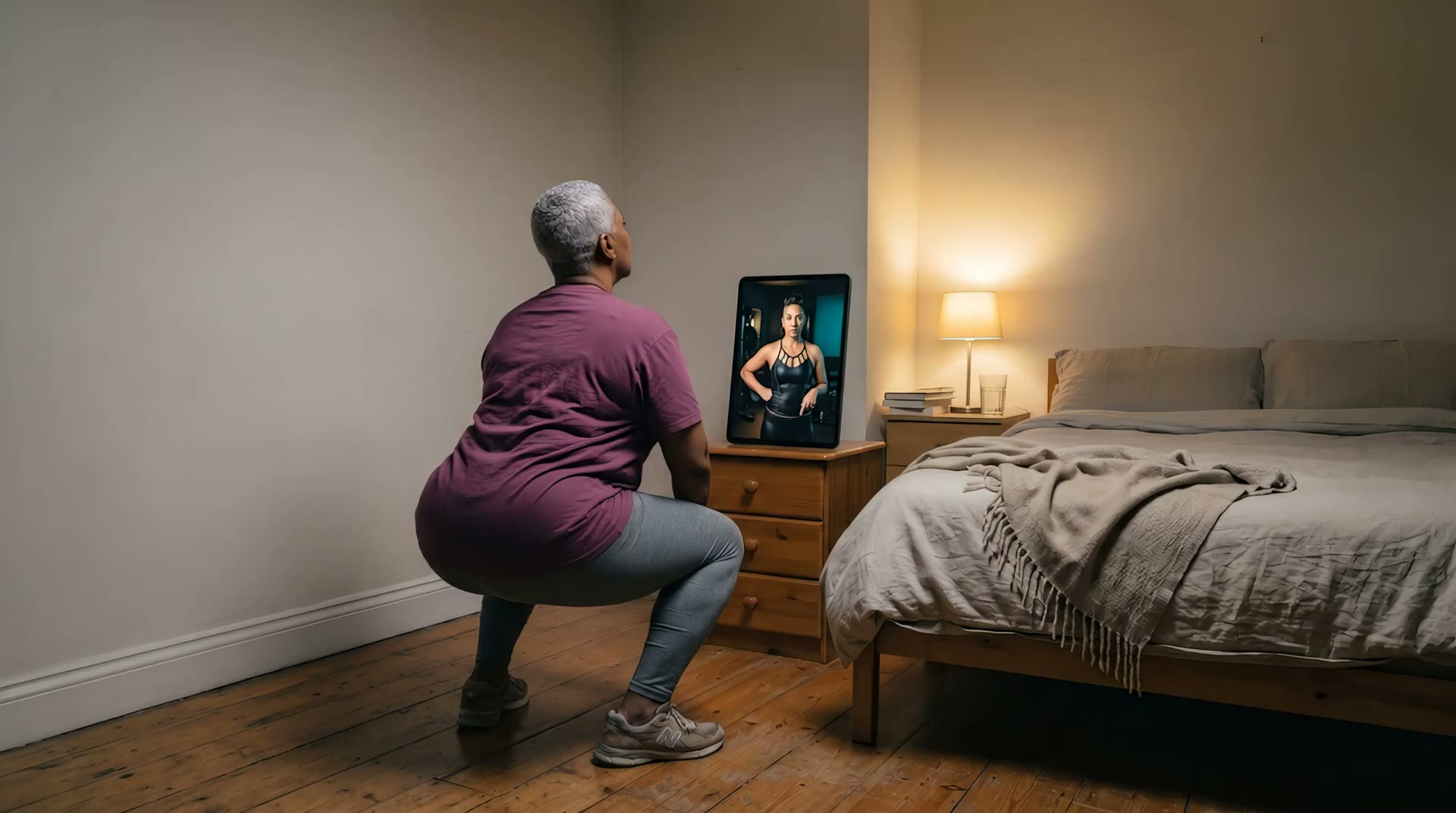 A photoreal scene of a woman holding a bodyweight squat in her bedroom while The Enchantrix, live on the tablet on her chest of drawers, points her lower