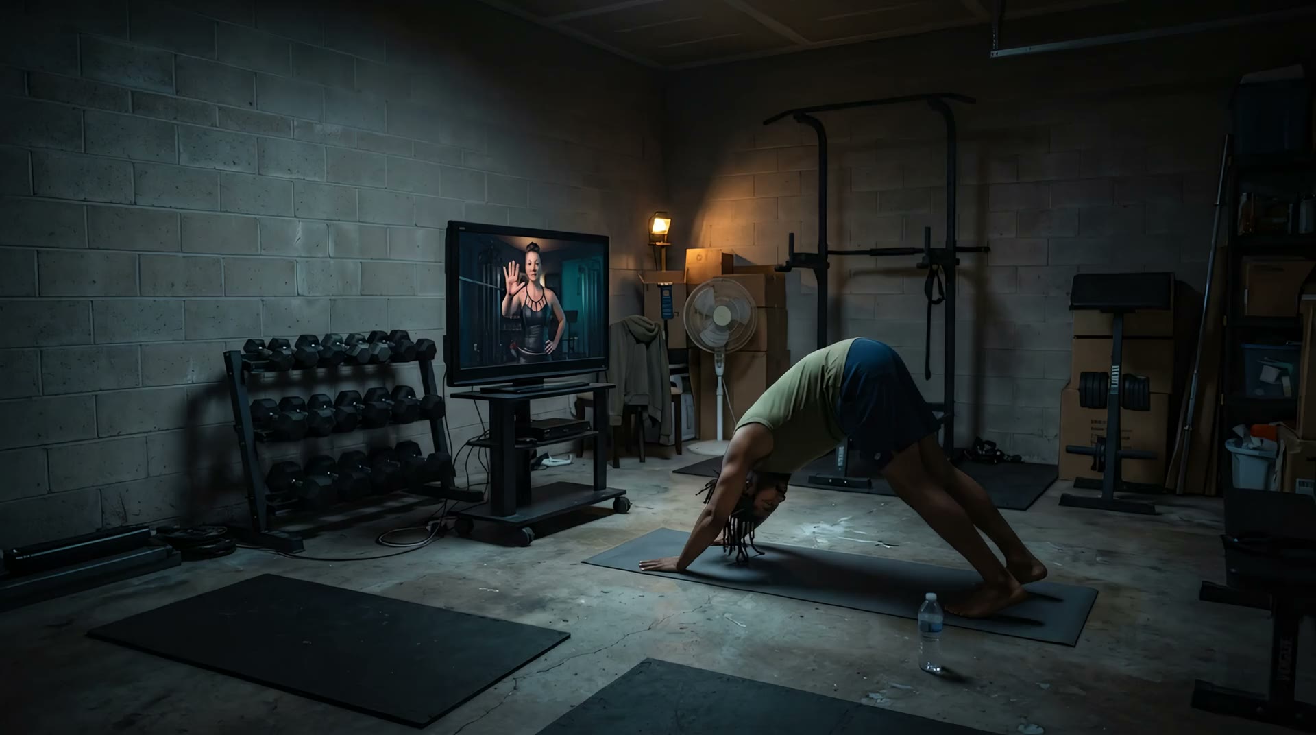 A photoreal scene of a man holding downward dog in his garage gym while The Enchantrix holds a flat palm out from the television, commanding him to hold