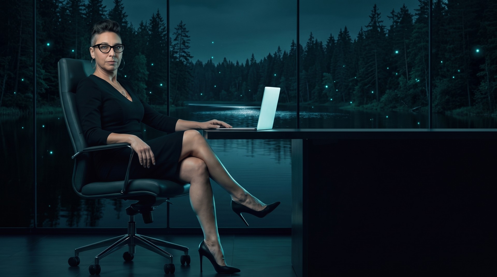 The Enchantrix seated sideways at Her desk in a black dress, legs crossed, stiletto heels catching the light, glasses on, a dark forest lake with drifting fireflies behind the glass, looking directly at you, inviting you in